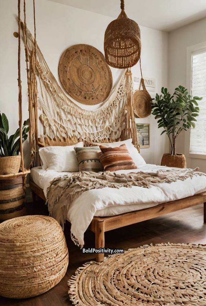 15. Bohemian Bedroom with Woven Textures_