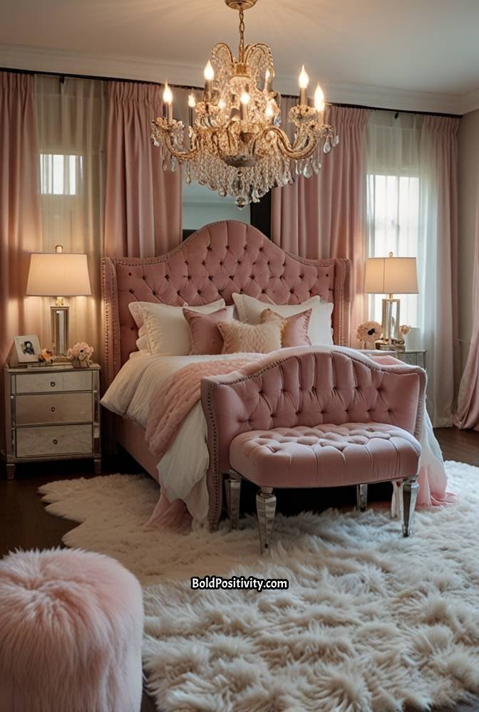 15. Elegant Light Pink Bedroom with Mirror Accents_
