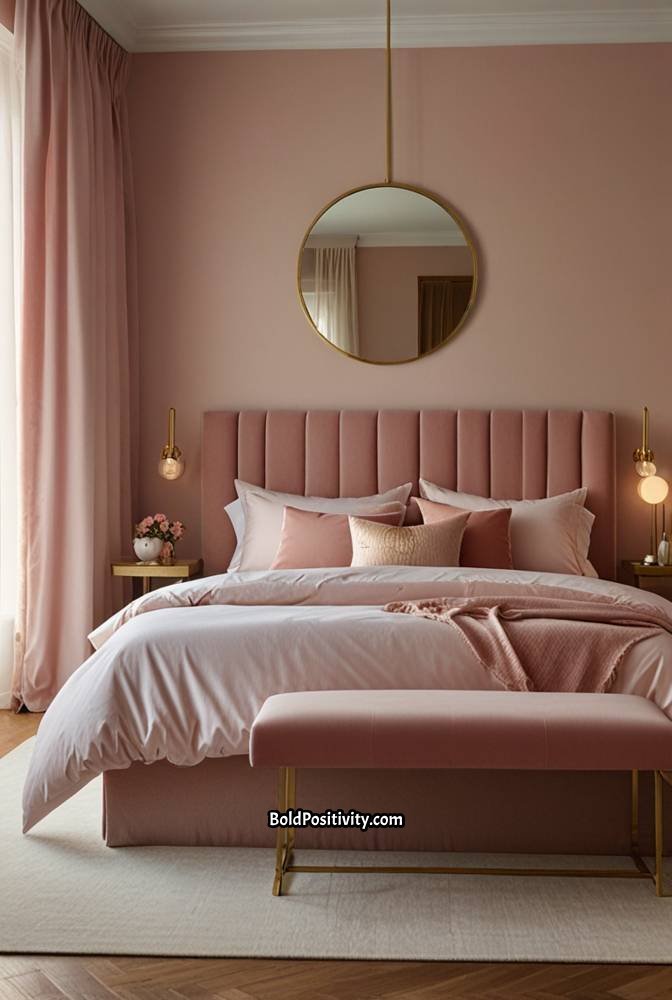 2. Chic Minimalist Pink Bedroom with Gold Accents