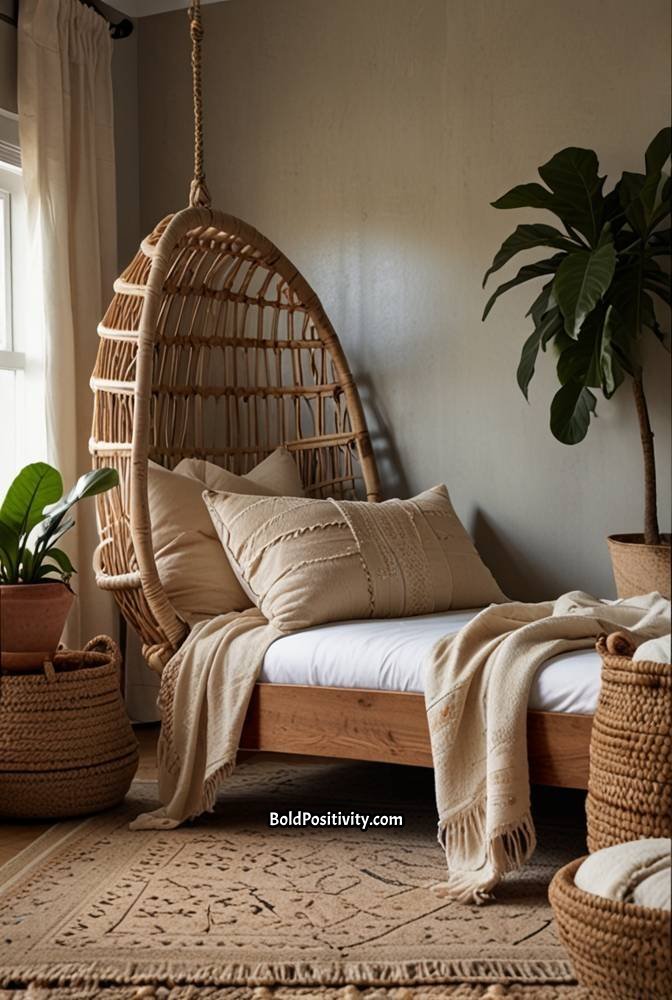 20. Boho Bedroom with a Statement Hanging Chair_
