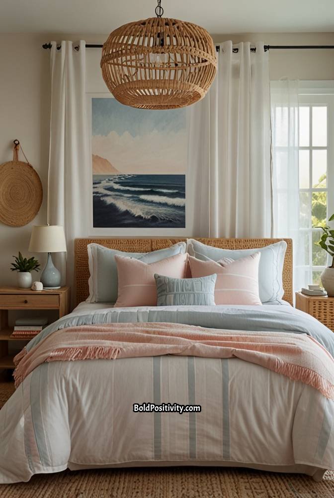 22. Light Pink Bedroom with a Coastal-Inspired Theme_