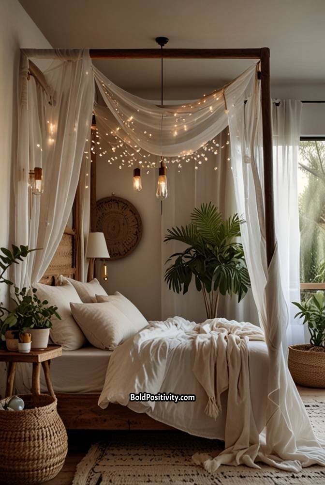 4. Boho Bedroom with a Canopy Bed and Dreamy Lights
